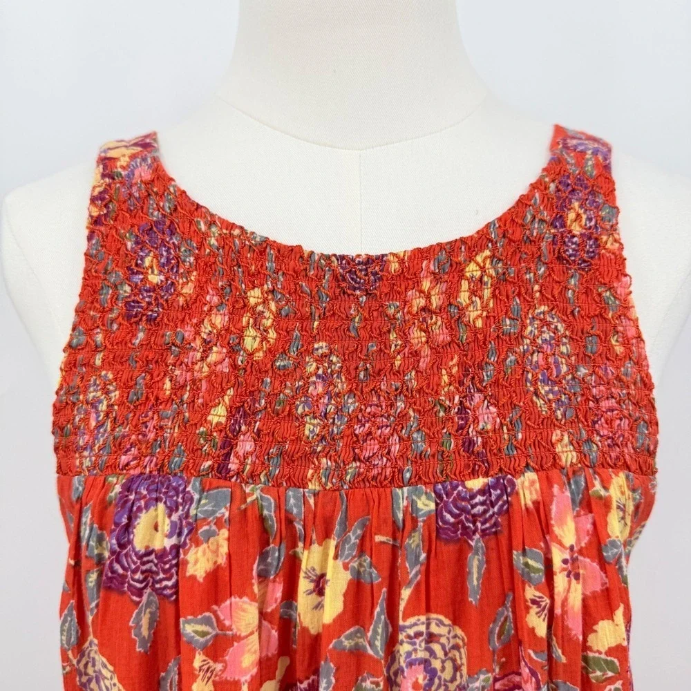 Free People Orange Floral Smocked Mini Dress Sleeveless V-Back XS Boho Fetival